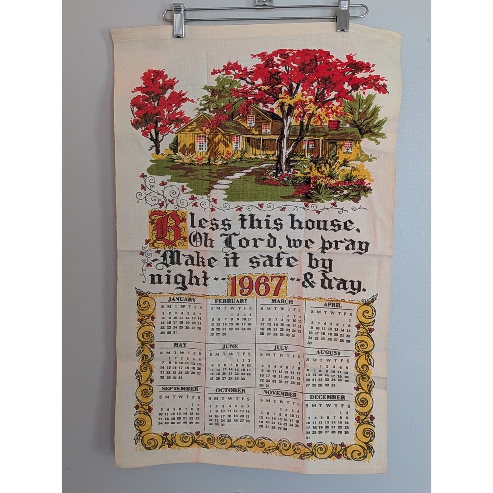 Vintage 1967 Linen Calendar Tea Towel Bless This House Wall Hanging Mid Century